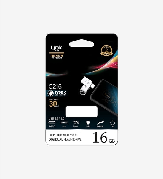 LinkTech C216 Premium Dual 16GB Type-C OTG Flash Bellek (LOF-C216) - 30MB/s Okuma, 10MB/s Yazma, Metal Kasa Tasarımı