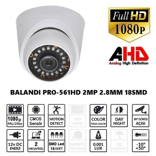 Balandi PRO-561HD 2MP Dome Kamera - 2.8mm Sabit Lens, 18 SMD LED, 30m Gece Görüş, Plastik Kasa, İç Ortam Kullanımı
