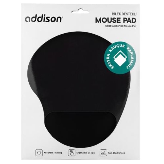 Addison 300152 Siyah Bilek Destekli Mouse Pad - 240x200mm, Ekstra Kauçuk Kaplamalı, Kaymaz Taban, Ergonomik Yüzey