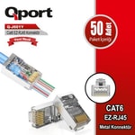 Qport Q-J601Y Cat6 Metal EZ-RJ45 Konnektör - 50'li Yeni Nesil Paket, Gigabit Hızında Güvenilir Bağlantı