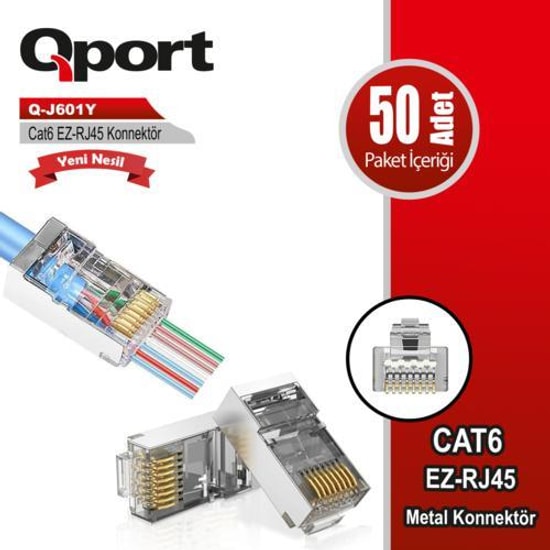 Qport Q-J601Y Cat6 Metal EZ-RJ45 Konnektör - 50'li Yeni Nesil Paket, Gigabit Hızında Güvenilir Bağlantı