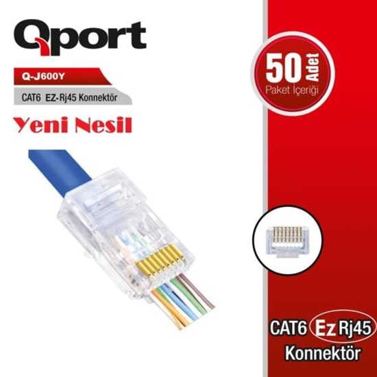 Qport Q-J600Y CAT6 EZ-RJ45 Yeni Nesil Konnektör - 50'li Paket, Yüksek Performanslı Ağ Bağlantısı