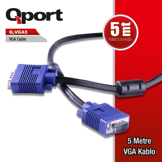 Qport Q-VGA5 5 Metre 15 Pin Filtreli VGA Kablo - Full HD Görüntü Aktarımı, Erkek Erkek Monitör ve Projeksiyon Kablosu