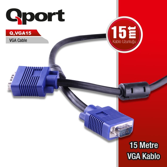 Qport Q-VGA15 15 Metre 15 Pin Filtreli VGA Kablo - Full HD Görüntü Aktarımı, Erkek Erkek Monitör ve Projeksiyon