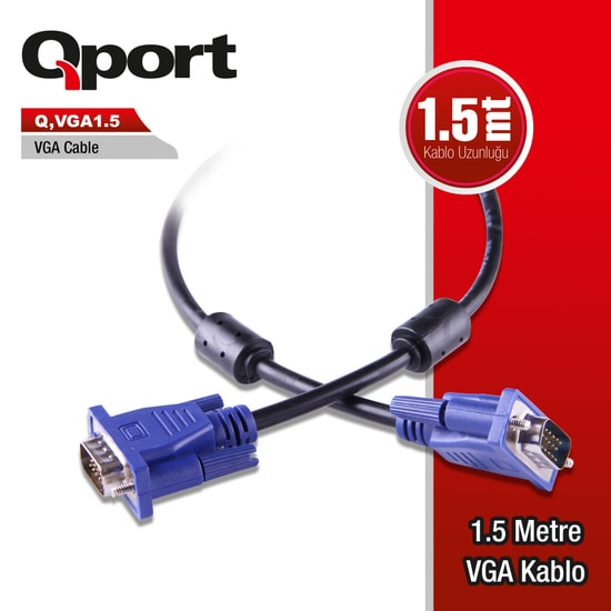 Qport Q-VGA1.5 1.5 Metre 15 Pin Filtreli VGA Kablo - Full HD Görüntü Aktarımı, Erkek Erkek Monitör Projeksiyon Kablosu