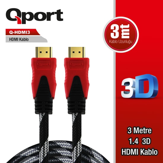 Qport Q-HDMI3 3m HDMI 1.4 Kablo - 4K 3D Destekli, Altın Uçlu, Parazit Önleyici Görüntü ve Ses Aktarım Kablosu