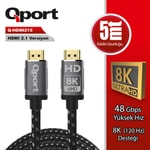 Qport Q-HDMI215 5 Metre HDMI Altın Uçlu Örgülü Kablo 2.1V 8K - Altın Uçlu, Parazit Önleyici, Yüksek Bant Genişliği