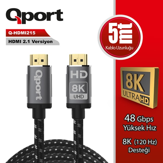 Qport Q-HDMI215 5 Metre HDMI Altın Uçlu Örgülü Kablo 2.1V 8K - Altın Uçlu, Parazit Önleyici, Yüksek Bant Genişliği