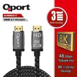Qport Q-HDMI213 3 Metre HDMI 2.1 Kablo - 8K Destekli, Altın Uçlu, Örgülü Yapı, Parazit Önleyici, Yüksek Performans