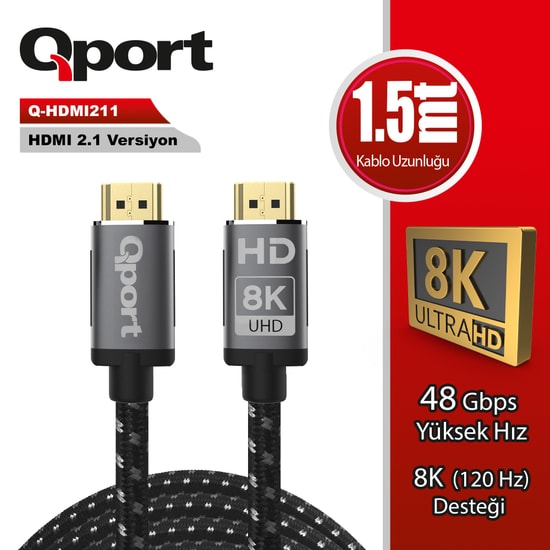 Qport Q-HDMI211 1.5 Metre HDMI Altın Uçlu Örgülü Kablo 2.1V 8K - Altın Uçlu, Parazit Önleyici, Yüksek Bant Genişliği