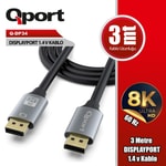 Qport Q-DP34 3 Metre 1.4V DisplayPort Kablo - 8K Ultra Yüksek Çözünürlüklü Görüntü ve Ses Aktarım Kablosu