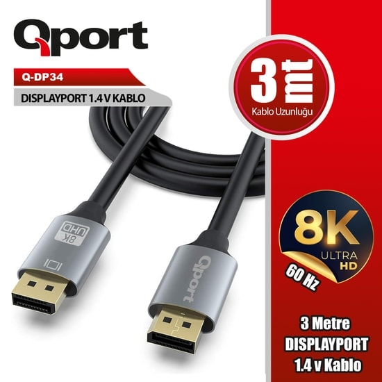 Qport Q-DP34 3 Metre 1.4V DisplayPort Kablo - 8K Ultra Yüksek Çözünürlüklü Görüntü ve Ses Aktarım Kablosu