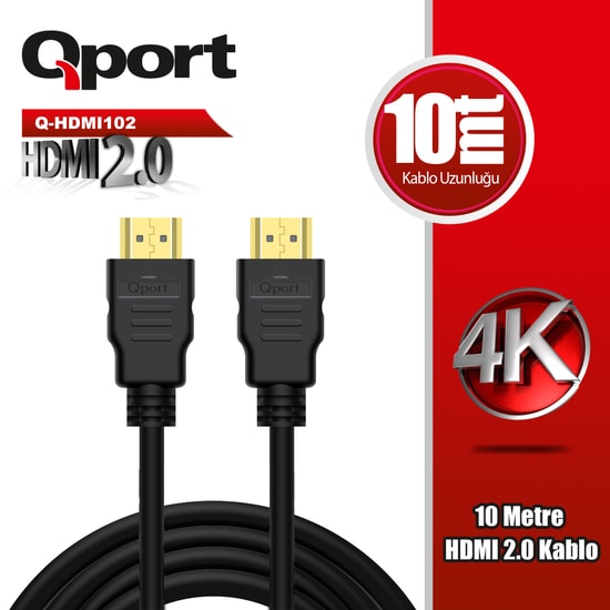 Qport Q-HDMI102 10m HDMI Kablo 2.0V - 10 Metre, 4K 60Hz Destekli, Altın Uçlu, Parazit Önleyici Görüntü ve Ses Kablosu