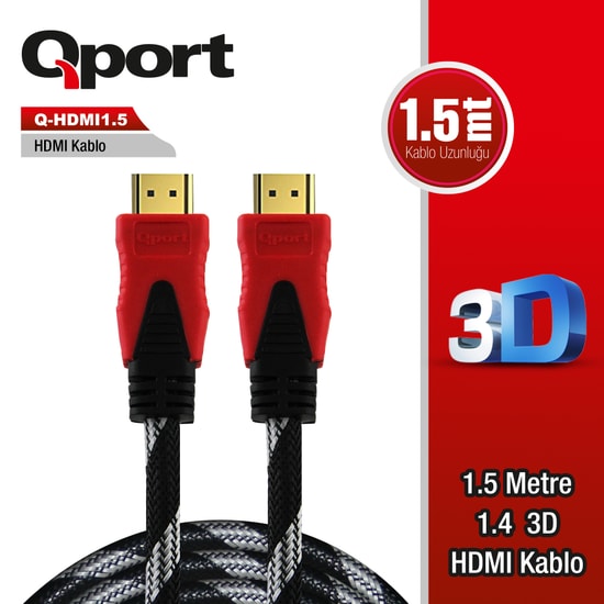 Qport Q-HDMI1.5 1.5 Metre HDMI Kablo - 1.4V 3D Destekli, 4K Uyumlu, Altın Uçlu, Parazit Önleyici Görüntü Kablosu
