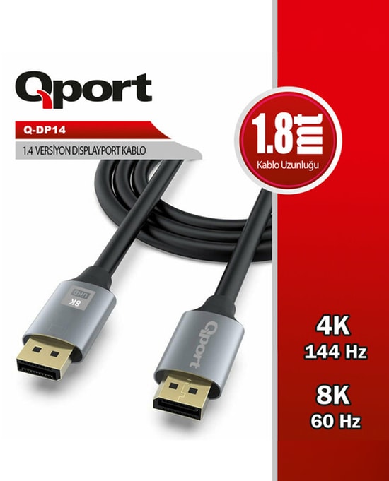 Qport Q-DP14 1.8Metre 1.4V Display Port Bakır Kablo - 4K 3840×2160@144hz Bant Genişliği 32.4 Gbit/S Yüksek İletkenlik