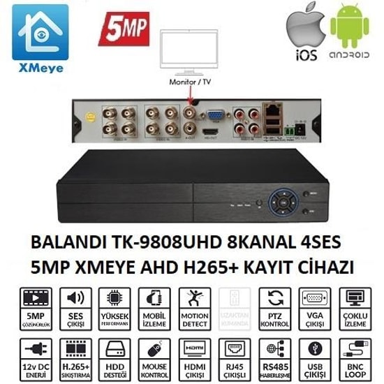 Balandi TK-9808UHD 8 Kanal 5MP DVR Kayıt Cihazı - H.265+, 4 Ses Girişi, 1 Sata Disk, XMeye Mobil İzleme Desteği
