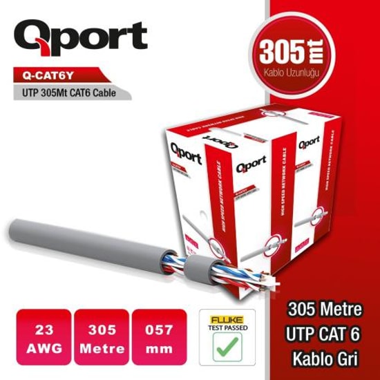 Qport Q-CAT6Y 305 Metre Gri UTP Cat6 Network Kablosu - 23AWG PE Yüksek Performanslı Data ve Ağ Bağlantısı (0.57mm)