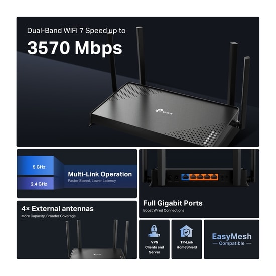 TP-Link Archer BE220 BE3600 Çift Bant Wi-Fi 7 Router - 3.6Gbps Hız, 4K/8K Yayın, 1xGbps WAN Port, 4xGbps LAN Port