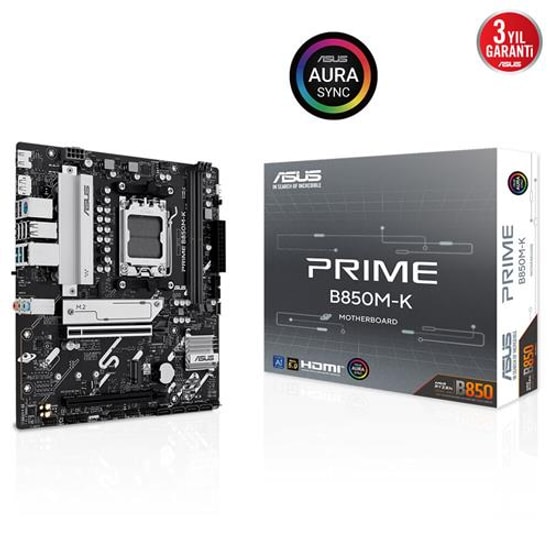 ASUS PRIME B850M-K Anakart: AMD B850, AM5, DDR5 8200MHz, Çift M.2, DP, HDMI, USB 3.2, AURA RGB, 2.5G LAN, mATX