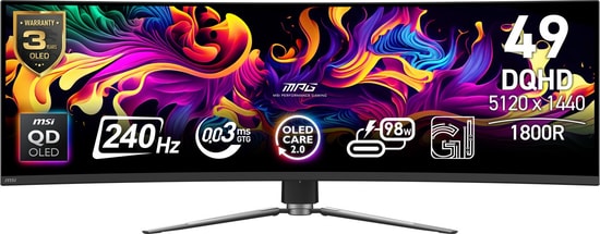 MSI MPG 491CQPX 49" QD-OLED Curved Gaming Monitör: 240Hz, 0.03ms, DQHD 5120x1440, G-Sync, HDR True Black 400