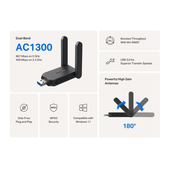 TP-LINK Mercusys MA32H AC1300 Yüksek Kazançlı USB 3.0 Wi-Fi Adaptörü - Dual-Band, Tak Çalıştır, Güvenli Bağlantı