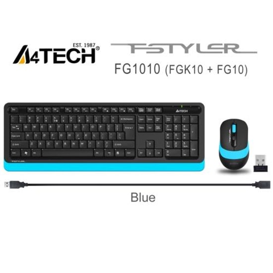 A4 Tech Fstyler FG1010 Kablosuz Türkçe Q Klavye Mouse Seti - Mavi Renki Multimedya, 2000DPI, 2.4 GHz USB Alıcı