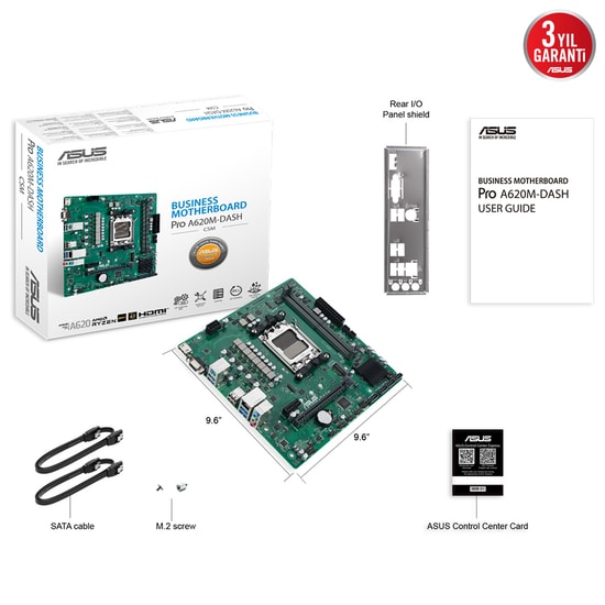 Asus Pro A620M-Dash CSM AM5 Anakart - Ryzen 7000 Serisi, DDR5 7200MHz(OC), PCIe Gen4, M.2, VGA, HDMI, USB 3.2, Micro ATX