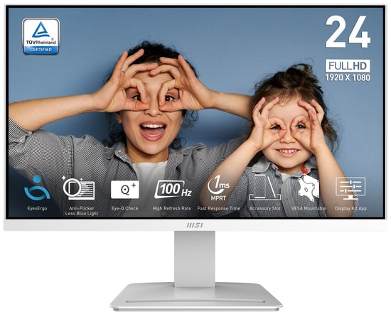 MSI PRO MP2412W 23.8" Full HD 100Hz 1ms Beyaz VA Monitör: 1920x1080, 250nit, HDMI, DP, İnce Çerçeve, Adaptive-Sync