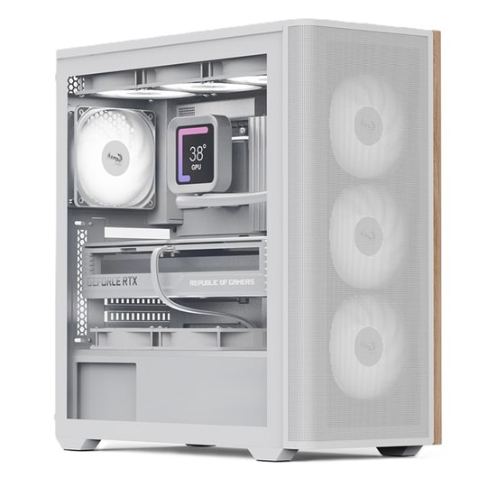 Aerocool D501A Beyaz ARGB ATX Kasa (AE D501A BK) - Ahşap Detay Ön Panel, Temperli Cam, PSU Yok, 4x12cm ARGB Fan, USB-C
