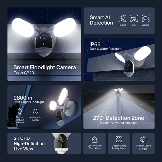 TP-Link Tapo C720 Akıllı Projektörlü 4MP Kamera - 2K QHD, 2800 Lümen, 4mm Lens, IP65, AI Algılama, 30m IR, Siren Alarm
