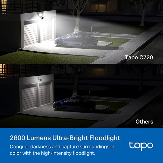 TP-Link Tapo C720 Akıllı Projektörlü 4MP Kamera - 2K QHD, 2800 Lümen, 4mm Lens, IP65, AI Algılama, 30m IR, Siren Alarm