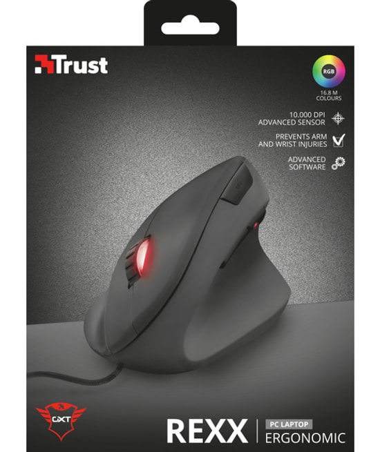 Trust GXT144 Rexx Ergonomik Kablolu Optik Gaming Mouse (TRU22991) - Siyah, 10000 DPI, Dikey Tasarım, 6 Adet Tuş, USB