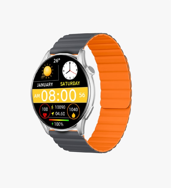 LinkTech S104 Premium AMOLED Akıllı Saat -  1.43" Ekran, Gümüş Turuncu Kordon, Manyetik Şarj, BT 5.2, IP68, 280mAh Pil