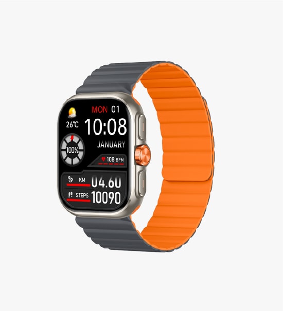 LinkTech S105 Premium Amoled Akıllı Saat - 1.75" 2.5D Ekran, Gümüş Turuncu Kordon, BT 5.3, Spor Modu, 300mAh Pil