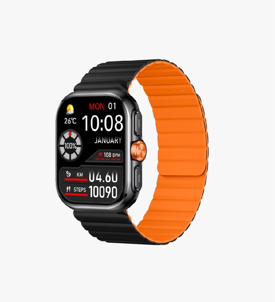 LinkTech S105 Premium Amoled Akıllı Saat - 1.75" 2.5D Ekran, Siyah Turuncu Kordon, IP67, BT 5.3, Spor Modu, 300mAh Pil