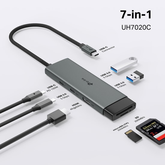 TP-Link UH7020C Type-C 7 Portlu Hub - 5Gbps Hızlı Veri Aktarımı, 100W PD Şarj, 4K HDMI, SD/MicroSD Kart Okuyuculu Dock