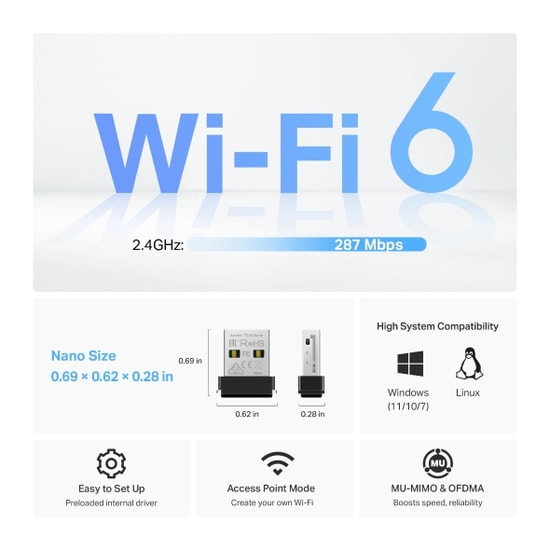TP-Link Archer TX1U NANO AX300 Wi-Fi 6 USB Ağ Adaptörü - 287Mbps, Nano Boyut, MU-MIMO Uyumlu, Hotspot Paylaşımı