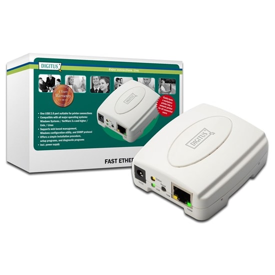 Digitus Print Server (DN-13003-2 )- 1 Port USB 2.0, RJ45 (10/100 Mbps), TCP/IP, IPX/SPX, NetBEUI, AppleTalk Desteği