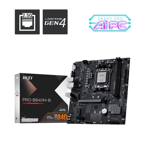 MSI PRO B840M-B AMD B840 Micro ATX Anakart - AM5, DDR5 8000MHz (OC), Çift M.2, HDMI 2.1, VGA, USB-C, 2.5Gbit LAN
