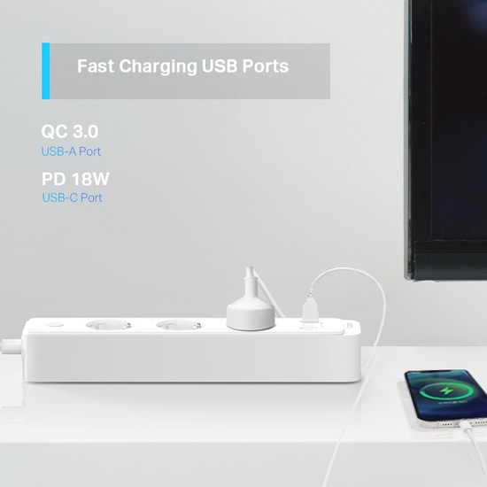 TP-Link Tapo P300 Akıllı Wi-Fi Priz Şeridi - 3lü Priz, 2xUSBA, 1xType-C, 18W QC3.0, Akım/Isı Koruma, 3000W, App Kontrolü