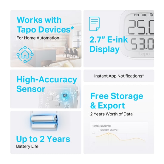 TP-Link Tapo T315 Akıllı Termometre ve Nem Ölçer - 2.7" E-Mürekkep Ekran, App Kontrol, 2 Yıl Pil Ömrü, Hub Gerekli