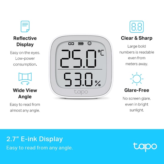 TP-Link Tapo T315 Akıllı Termometre ve Nem Ölçer - 2.7" E-Mürekkep Ekran, App Kontrol, 2 Yıl Pil Ömrü, Hub Gerekli