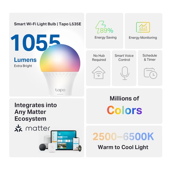 TP-Link Tapo L535E Çok Renkli Akıllı Wi-Fi LED Ampul - 8.7W, 1055 Lümen (75W Eşdeğer), App Sesli Kumanda, Enerji İzleme