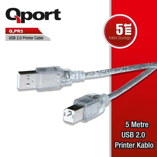 Qport Q-PR5 5 Metre USB 2.0 A Erkek - B Erkek Yazıcı Kablosu - Yüksek Hızlı ve Güvenilir Bağlantı, 5M Veri Kablosu