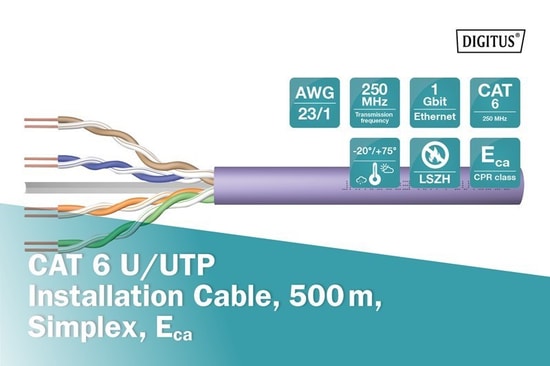 Digitus CAT6 Mavi UTP Saf Bakır Makara Kablo (DK-1613-VH-5/B) - 500 Metre, Yangına Dayanıklı, AWG23, 25 Yıl Garantili