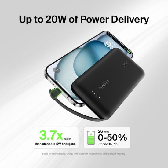 Belkin BoostCharge BPB024 20.000mAh 30W USB-C Kablolu Powerbank - Siyah (BPB024HQBK) Taşınabilir Hızlı Şarj Cihazı