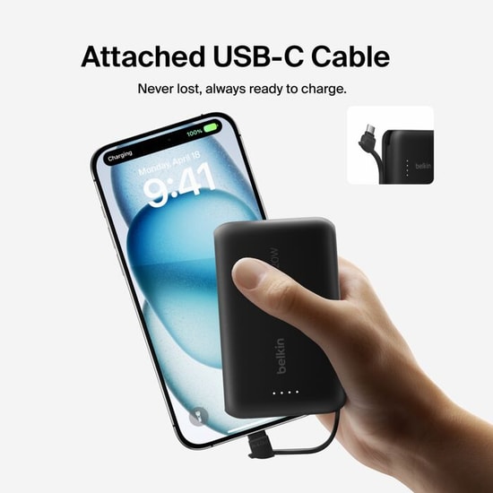 Belkin BoostCharge BPB024 20.000mAh 30W USB-C Kablolu Powerbank - Siyah (BPB024HQBK) Taşınabilir Hızlı Şarj Cihazı