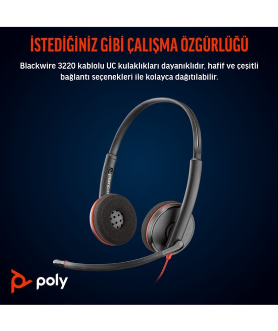HP Poly Blackwire 3220 Stereo USB-C Kulaklık (8X228AA) - Gürültü Önleyici Mikrofon, USB-C/A Adaptörlü, Konforlu Tasarım