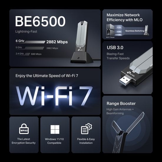TP-Link Archer TBE400UH BE6500 Wi-Fi 7 Yüksek Kazançlı Kablosuz USB 3.0 Ağ Adaptörü - 6500Mbps, Tri-Band, 2xMIMO Anten