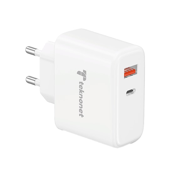 Teknonet TN-HCH13 Beyaz 33W Hızlı Şarj Aleti (NT-112863) - Type-C & USB-A Çıkışlı, 1m Kablo, 3.0A Güç, PD, Güvenli Şarj